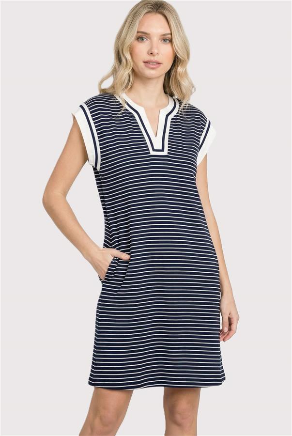 Contrast Striped Y-Neck Dress