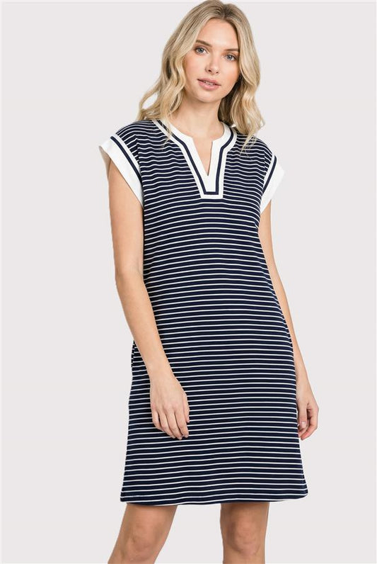 Contrast Striped Y-Neck Dress