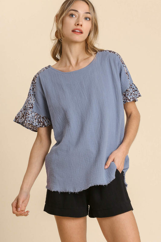 Ruffle Sleeve Fringe Hem Cut Out Back Animal Print Top