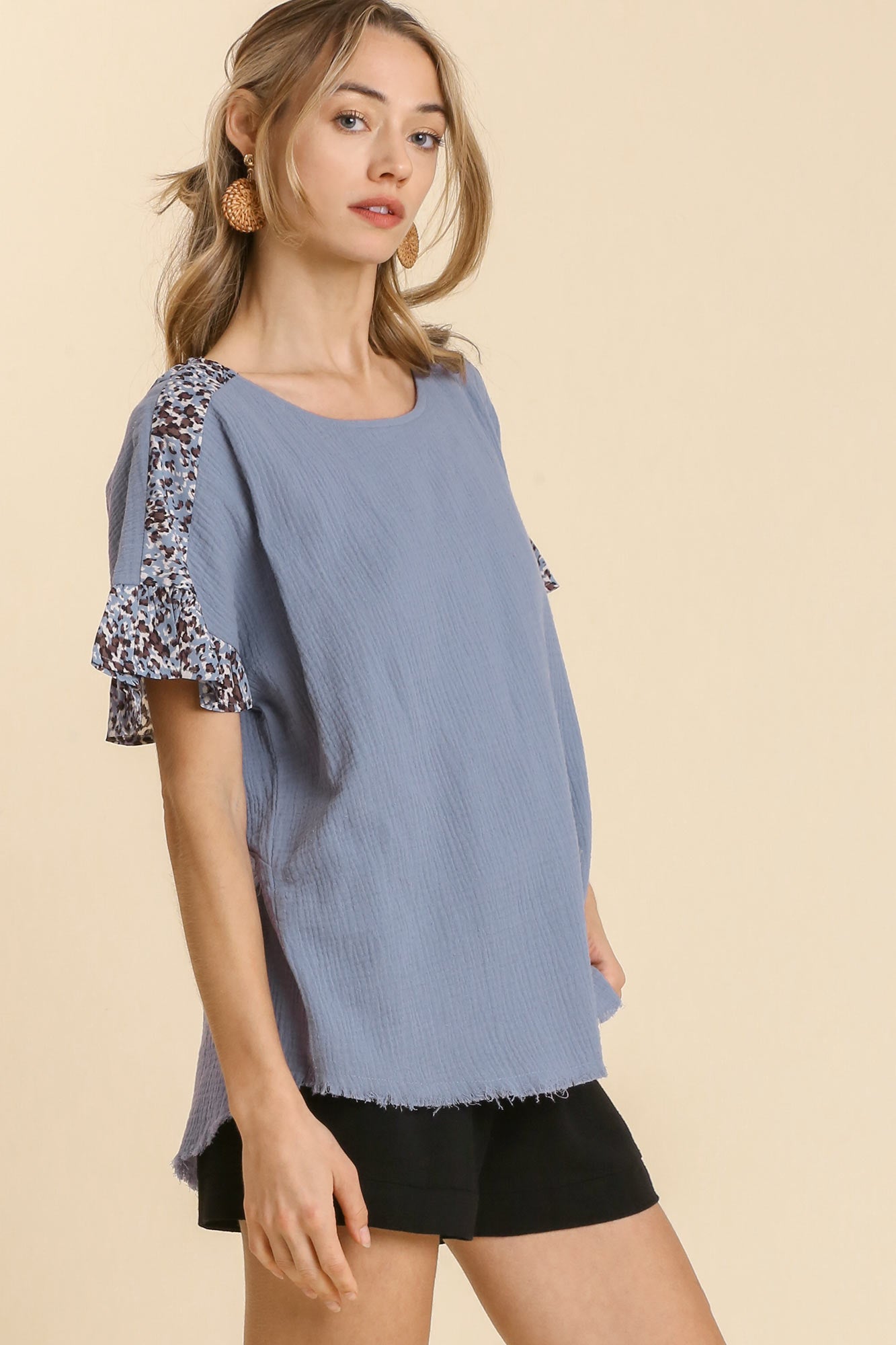 Fringed Cut Out Back Animal Print Top