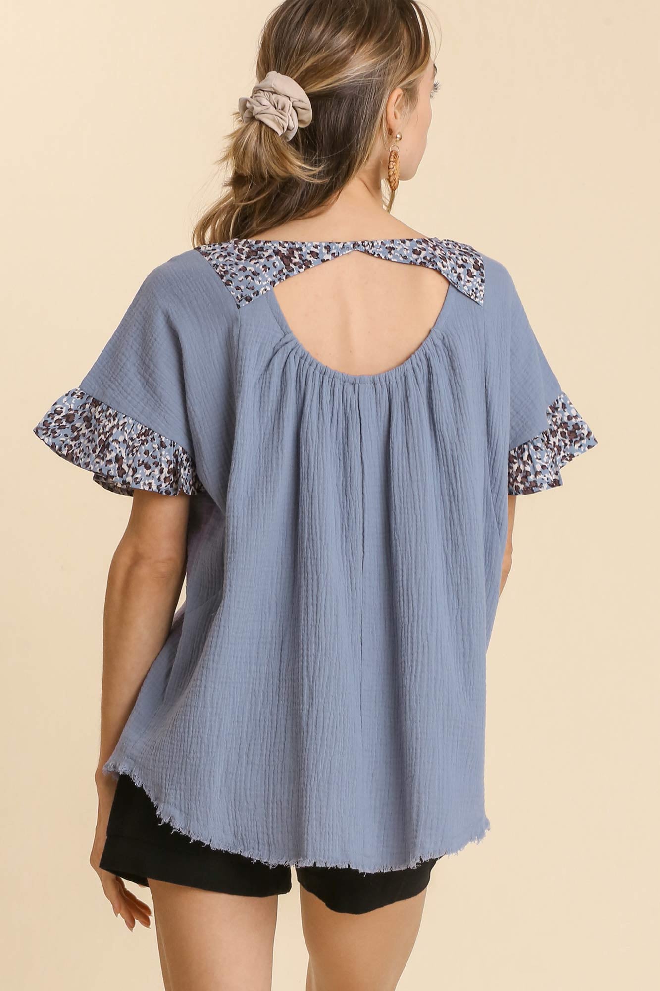 Fringed Cut Out Back Animal Print Top