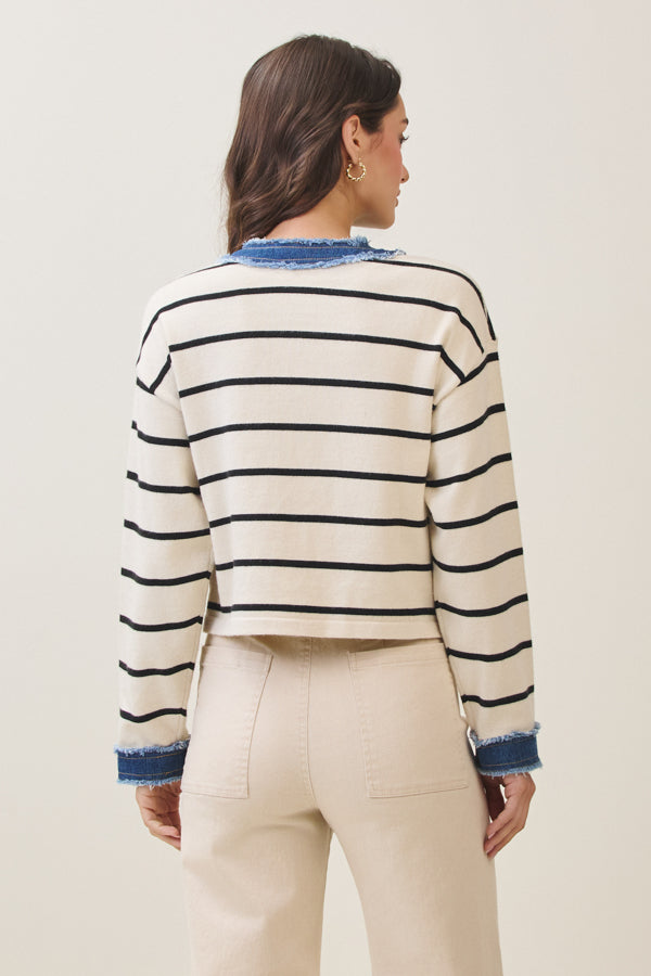 Denim Trim Stripe Cardigan
