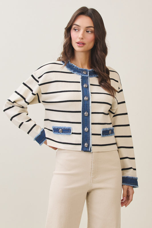 Denim Trim Stripe Cardigan