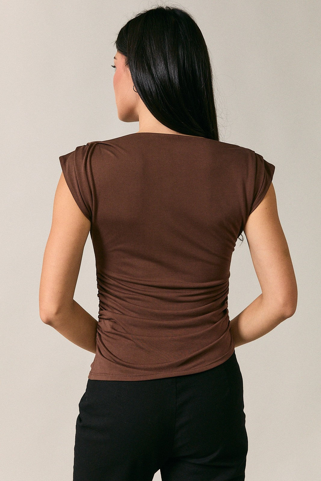 Ruched Waist Asymmetric Top - Brown