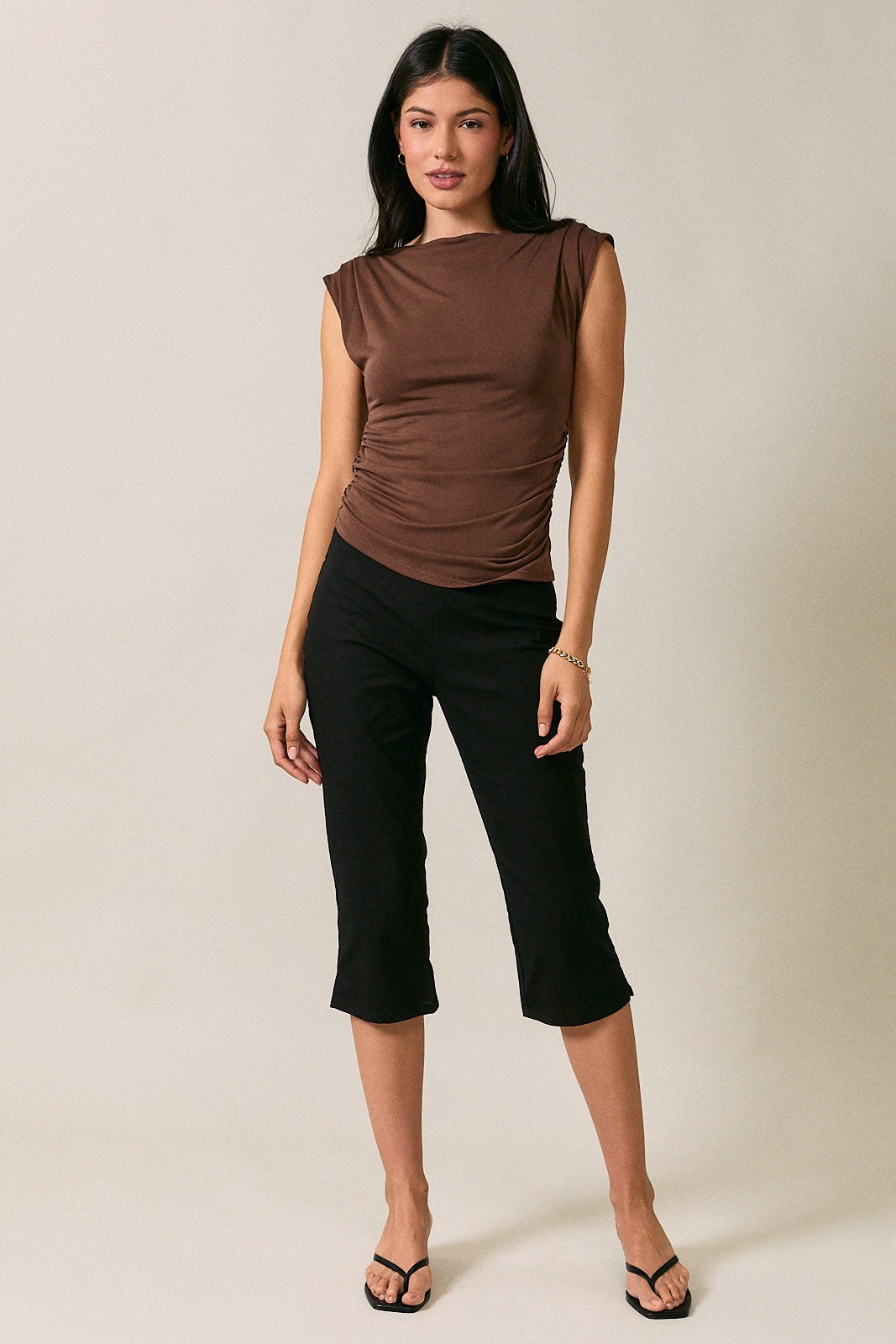 Ruched Waist Asymmetric Top - Brown