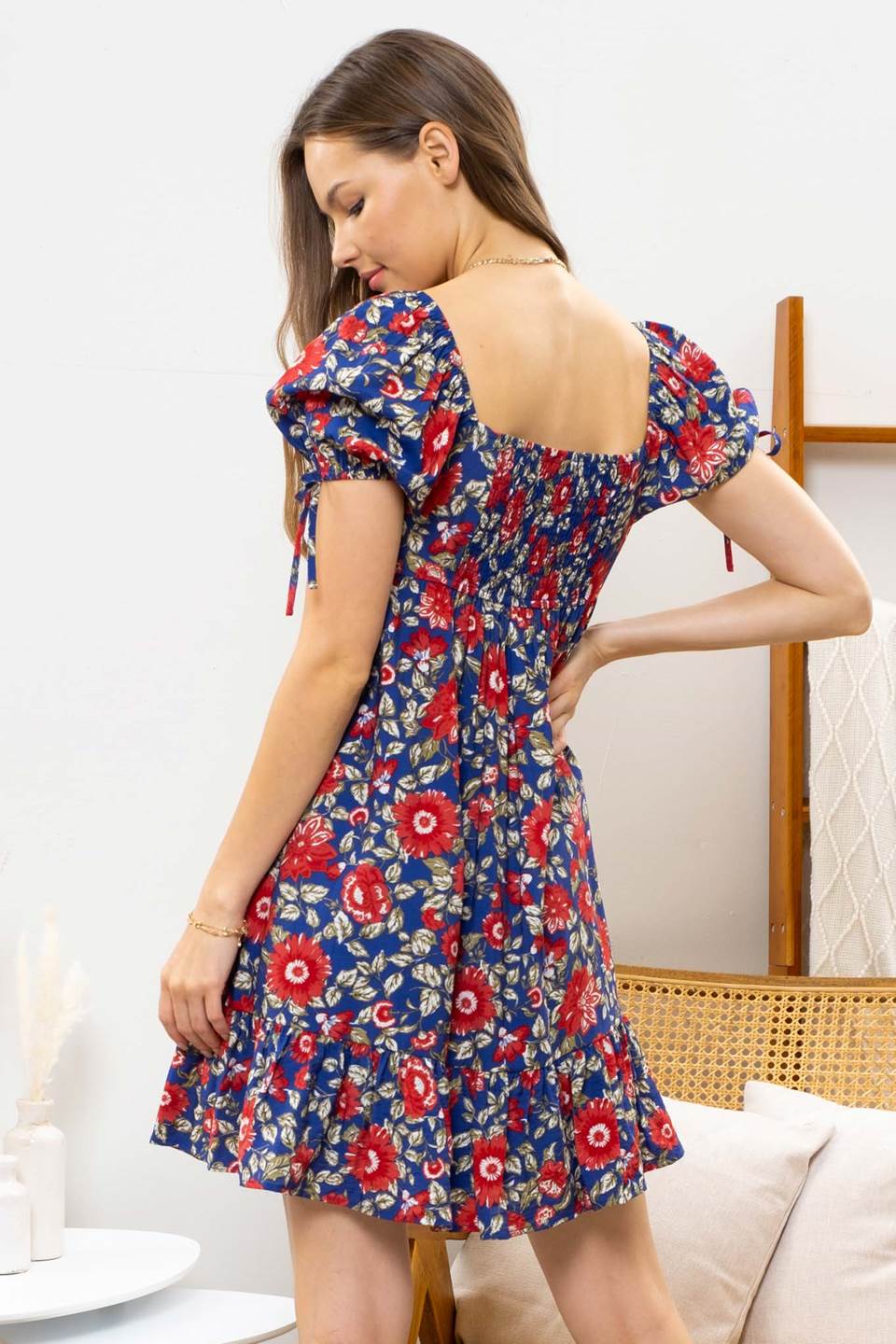 Floral Print Puff Sleeves Sweetheart Dress