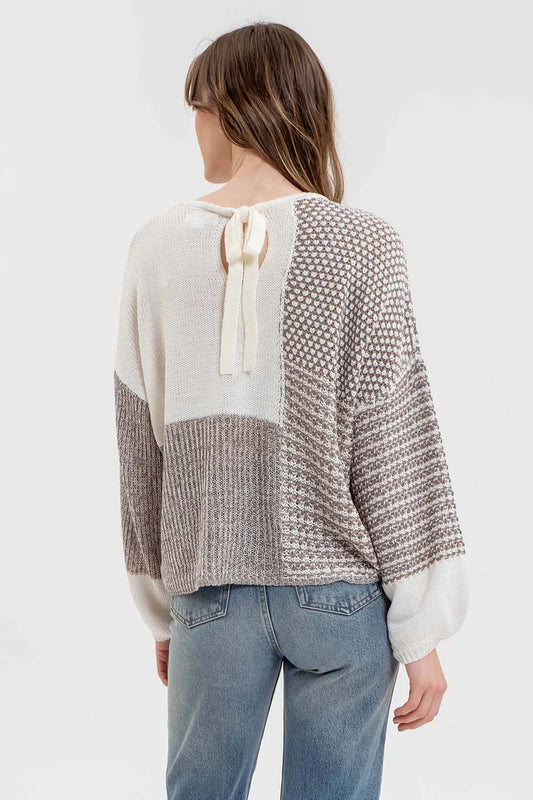 Back Tie Colorblock Sweater - Gray Multi Color