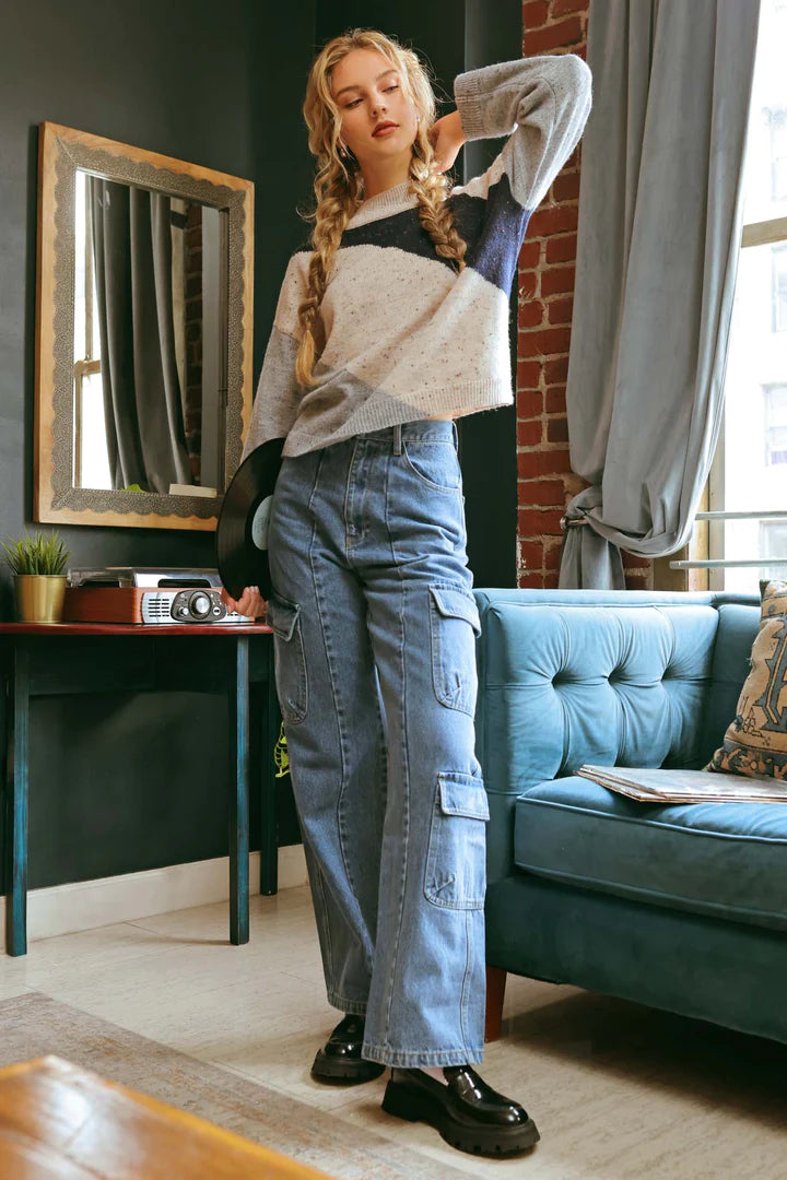 Diagonal Striped Sweater - Grey Multi
