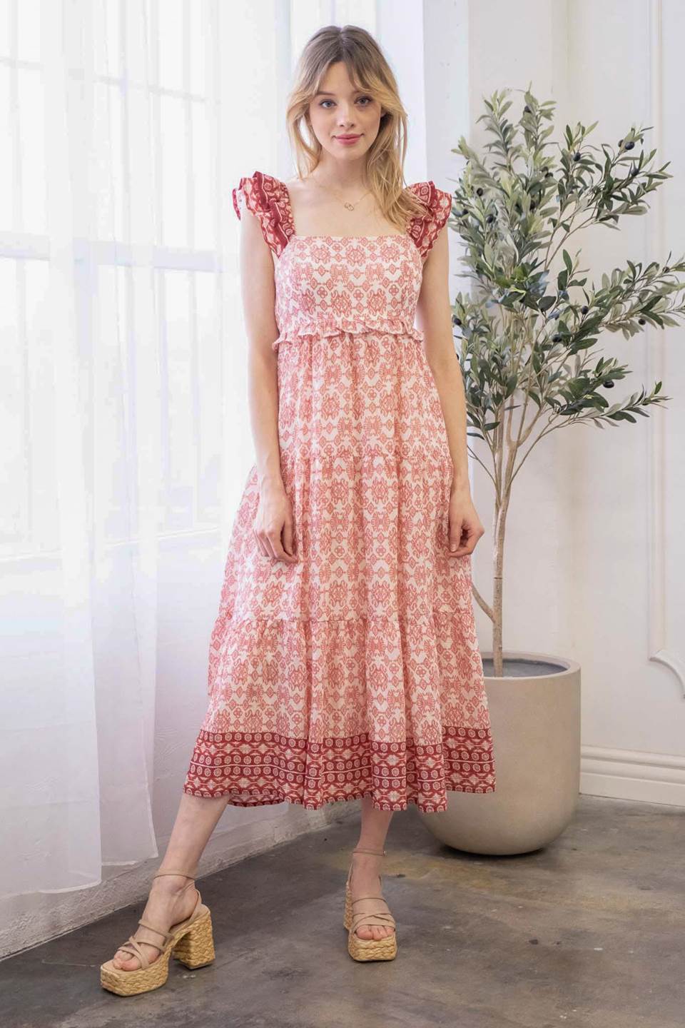 Square Neck Geometric Print Red Dress