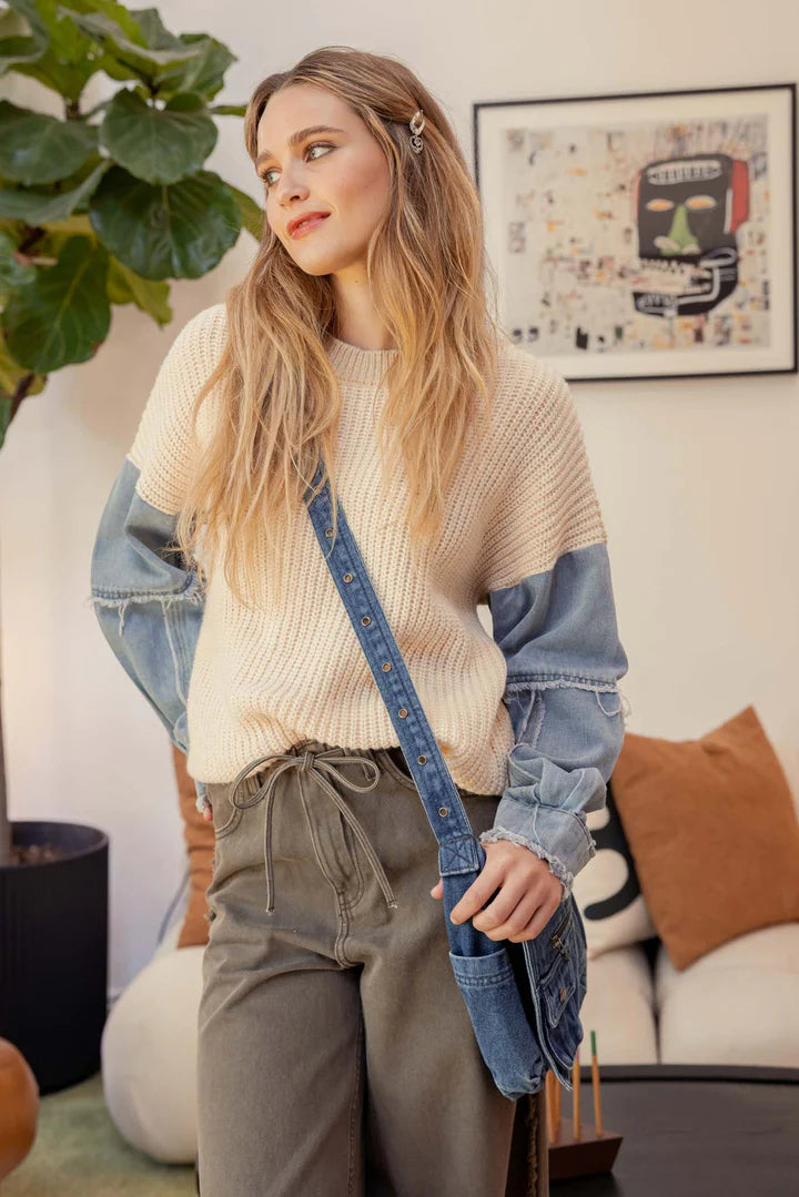 Denim Contrast Sleeve Sweater