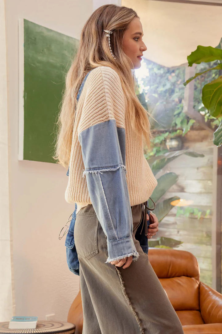 Denim Contrast Sleeve Sweater
