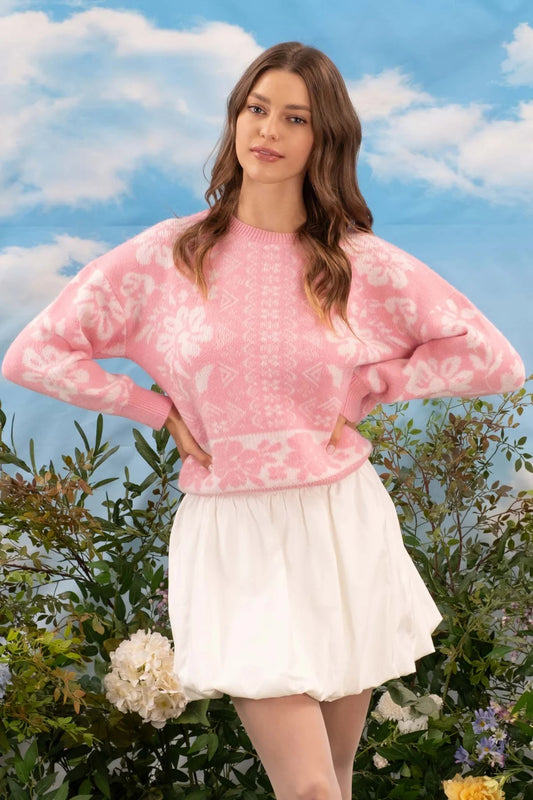 Geo Floral Print Sweater - Pink