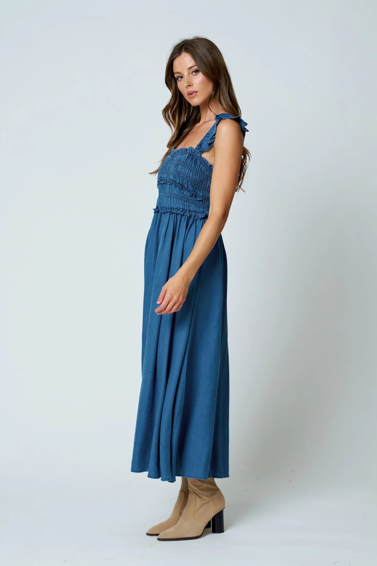 Smocked Denim Ruffle Dress