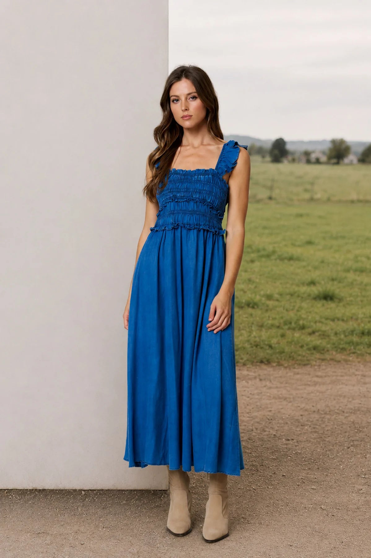 Smocked Denim Ruffle Dress