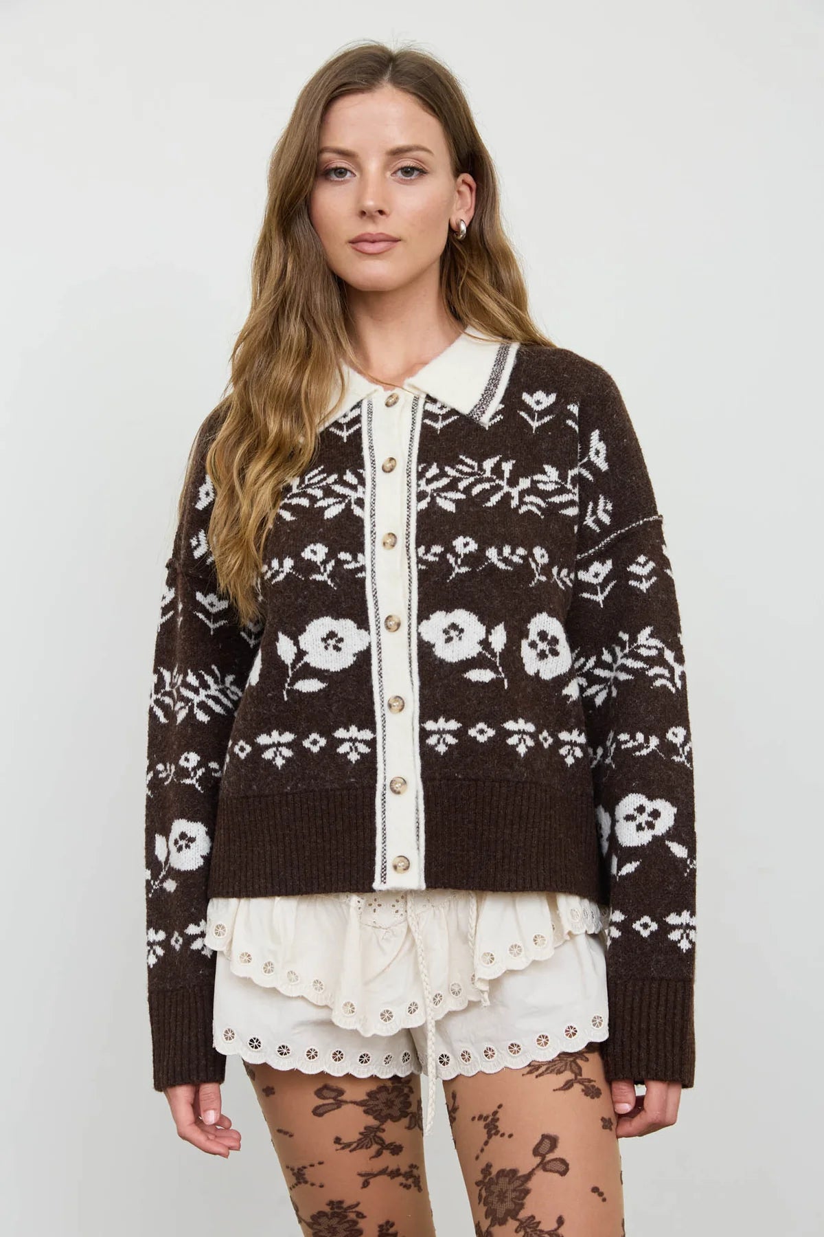Contrast Collar Floral Cardigan