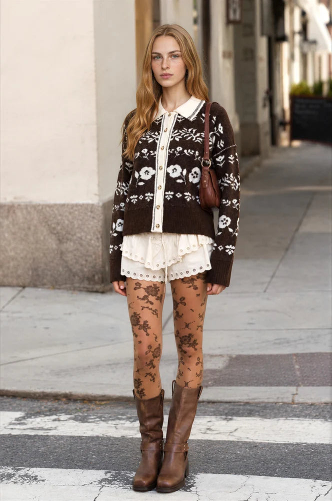 Contrast Collar Floral Cardigan