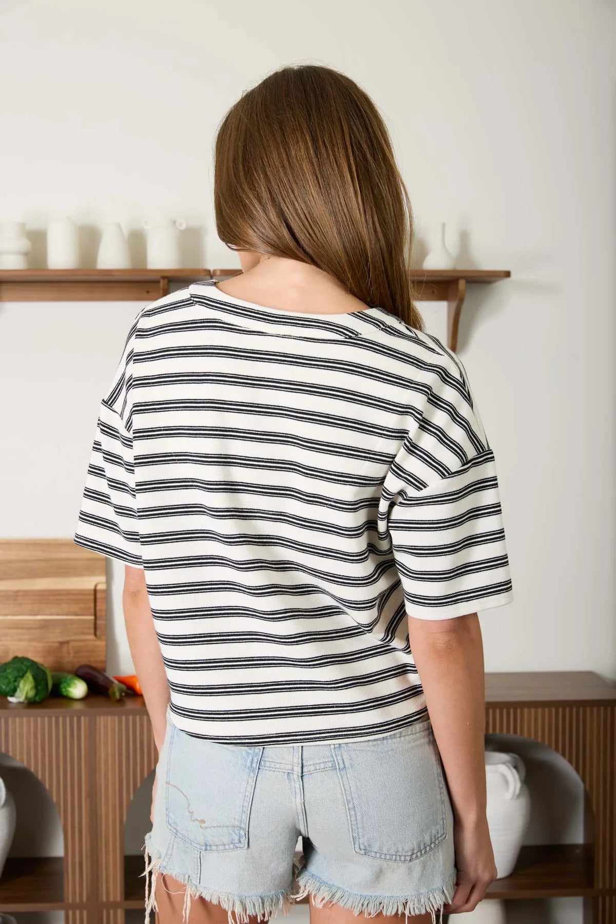 Boxy Henley Striped Top