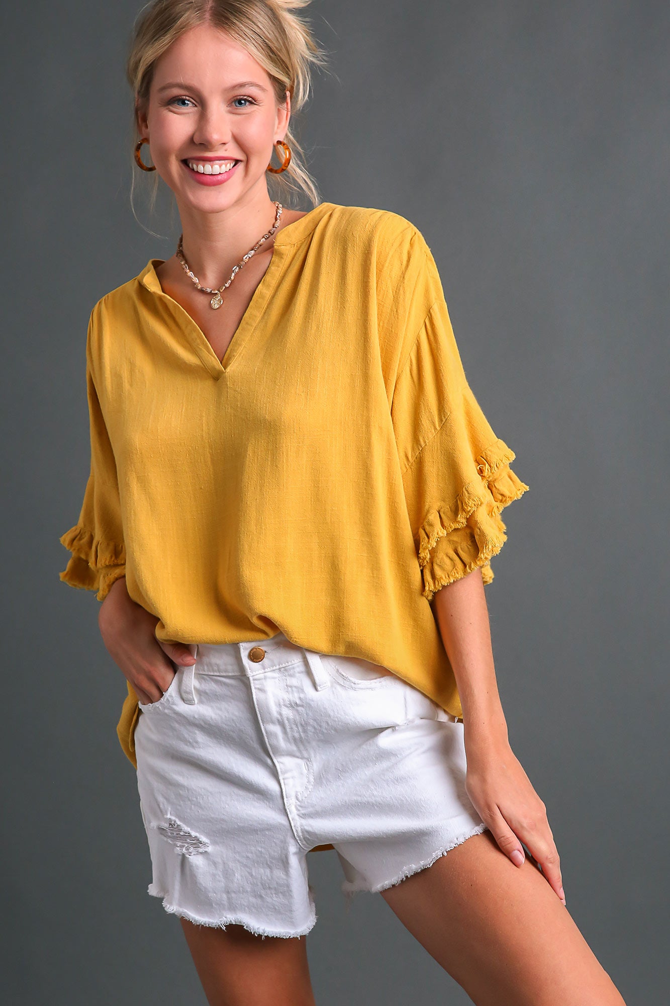 Frayed Double Ruffle Sleeve Top
