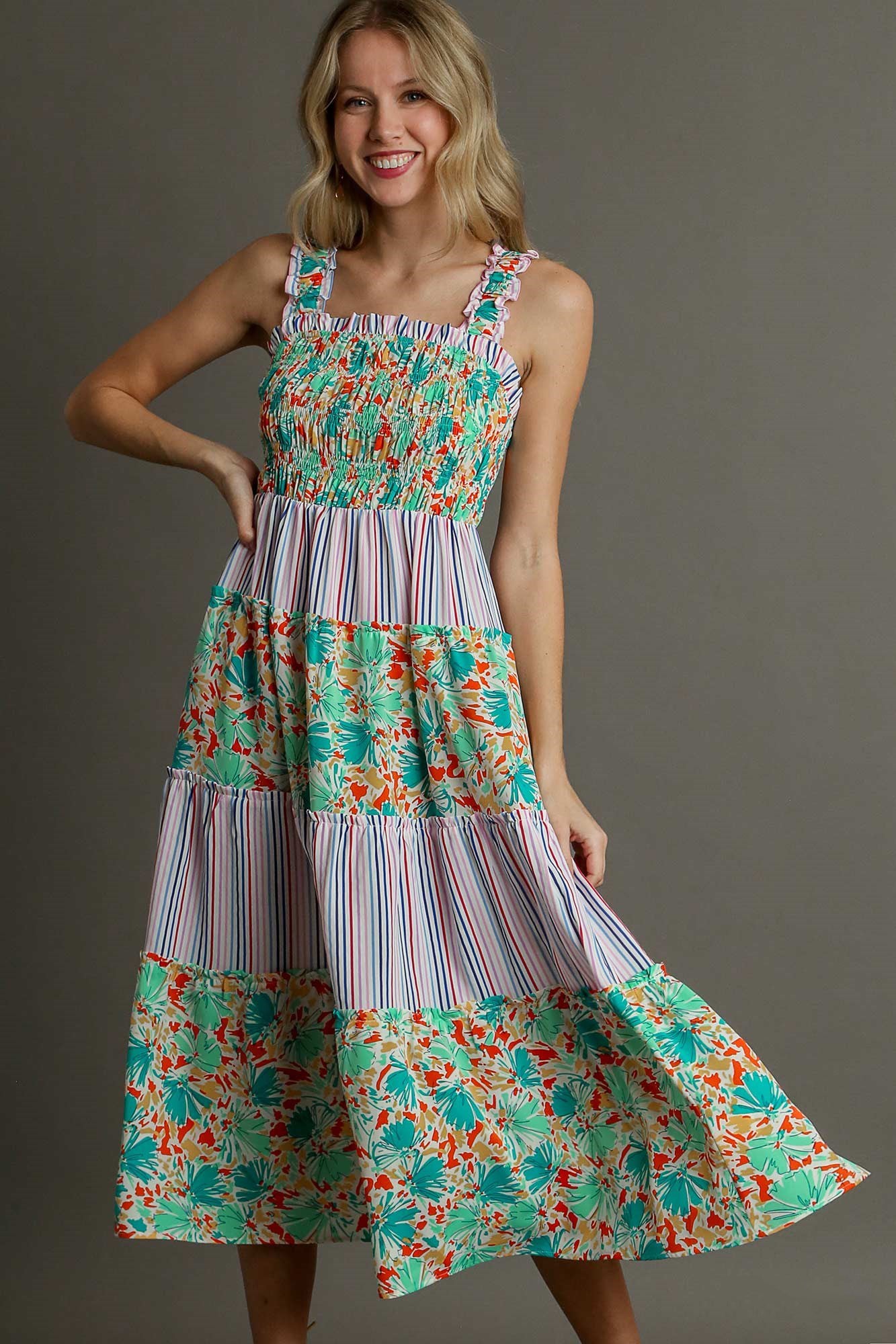 Tiered Striped and Floral Dress