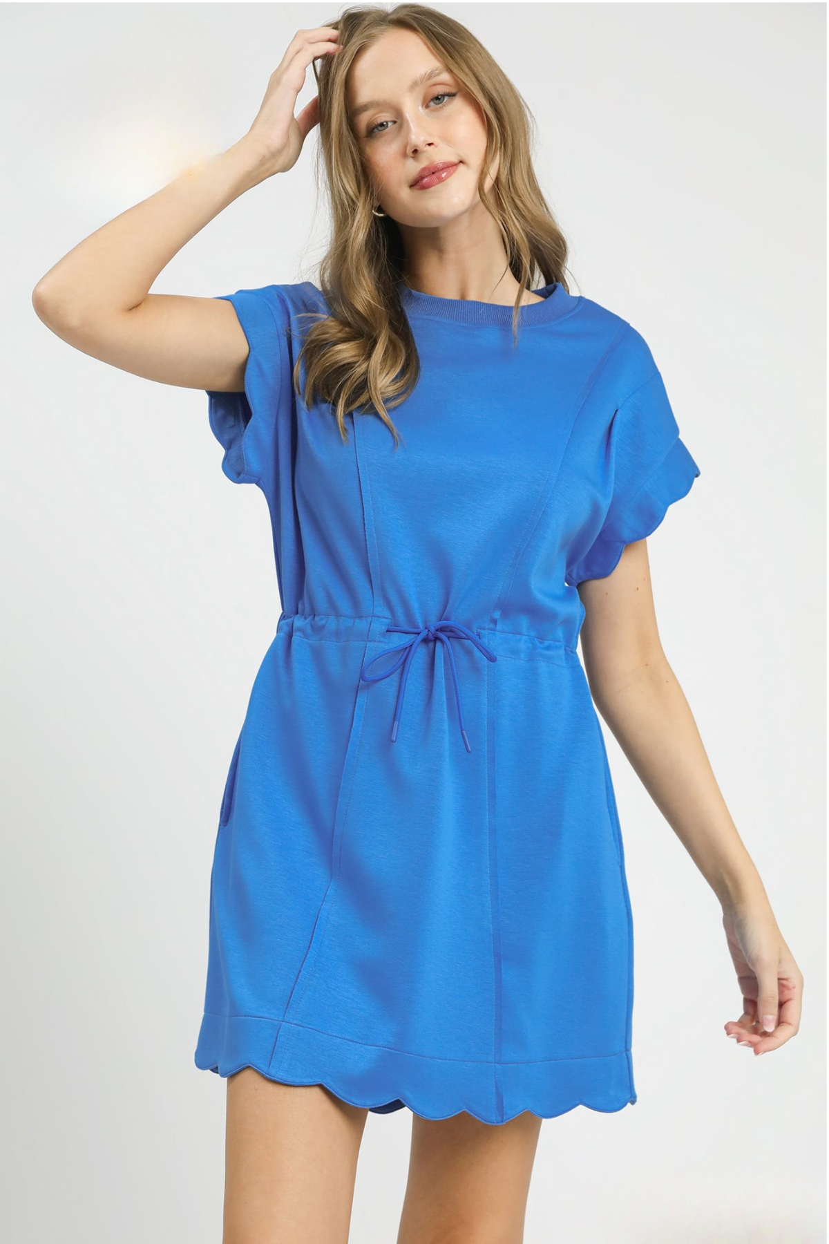 Scallop Hem Drawstring Dress - Blue