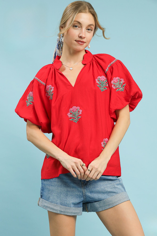 Embroidered Puff Sleeve Top