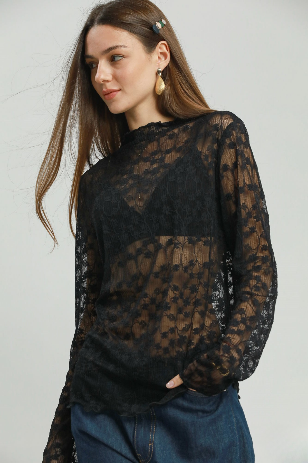 Sheer Floral Lace Top - Black