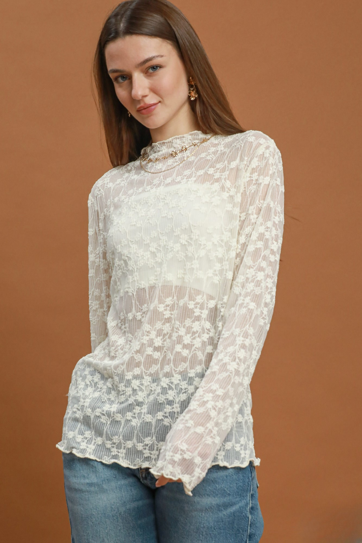 Sheer Floral Lace Top - White