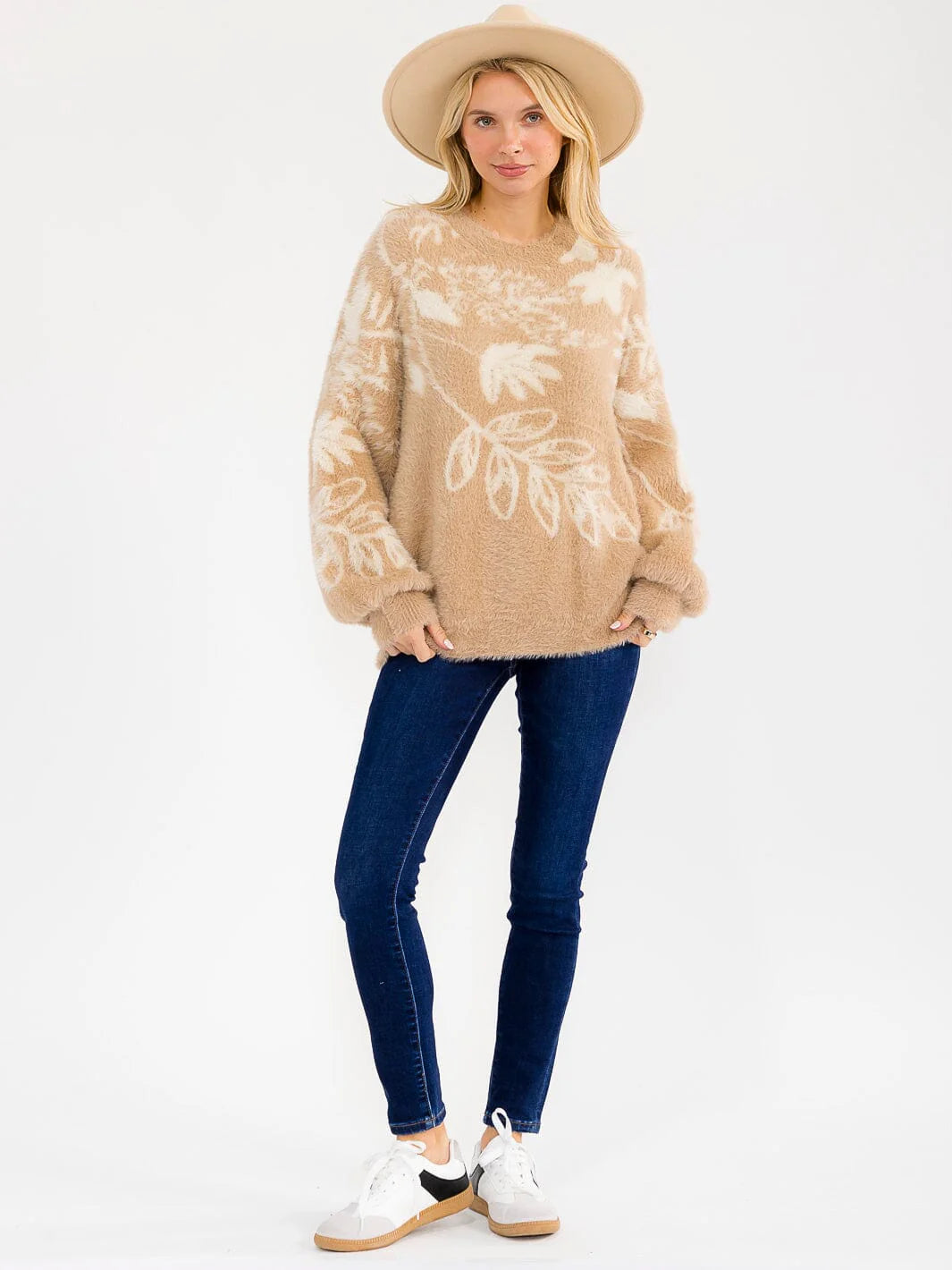 Fuzzy Leaf Print Sweater