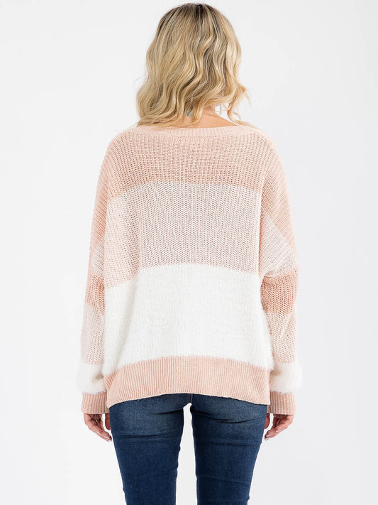 Colorblock Pullover Sweater - Peach