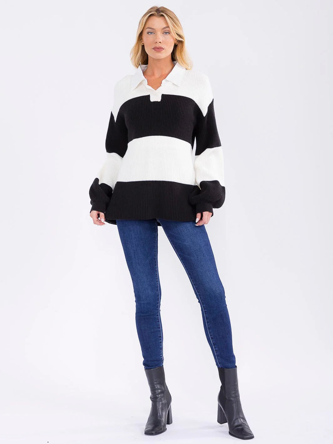 Button Collar Stripe Sweater