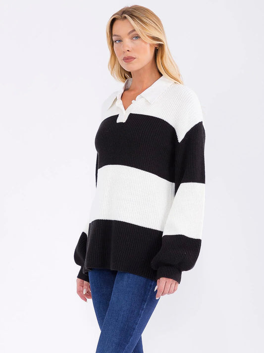 Button Collar Stripe Sweater