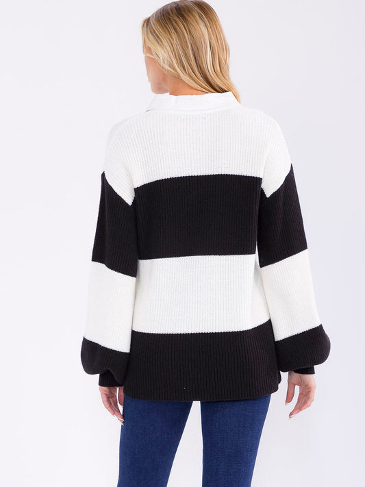 Button Collar Stripe Sweater