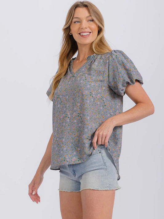 Puff Sleeve Ruffle Collar Top