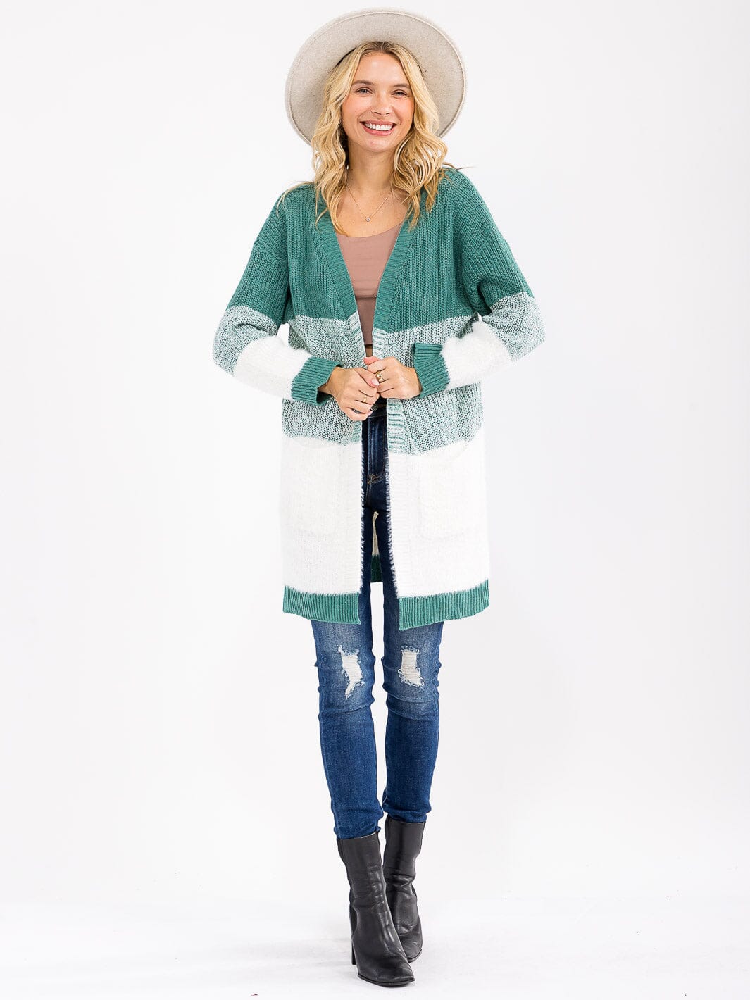 Colorblock Open Front Cardigan - Green
