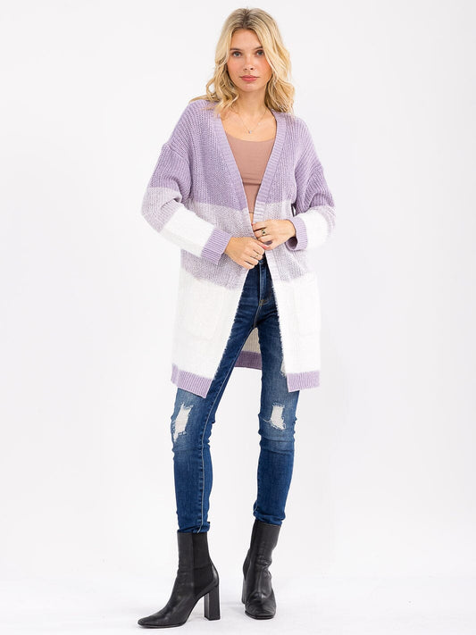Colorblock Open Front Cardigan - Lavender