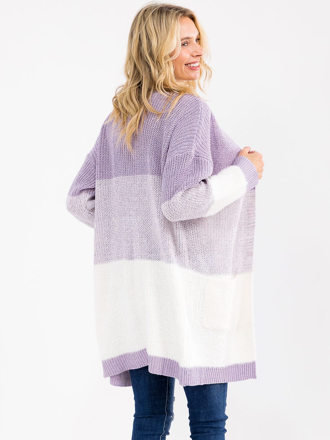 Colorblock Open Front Cardigan - Lavender