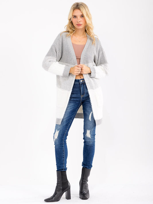 Colorblock Open Front Cardigan - Gray