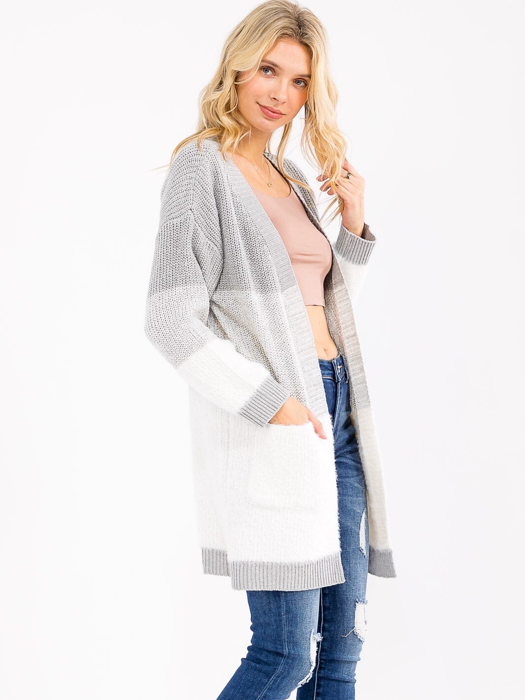 Colorblock Open Front Cardigan - Gray