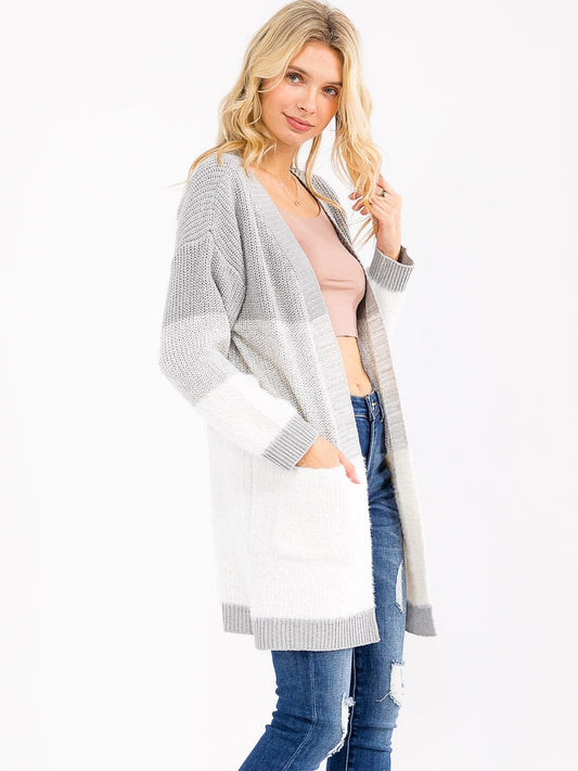 Colorblock Open Front Cardigan - Gray