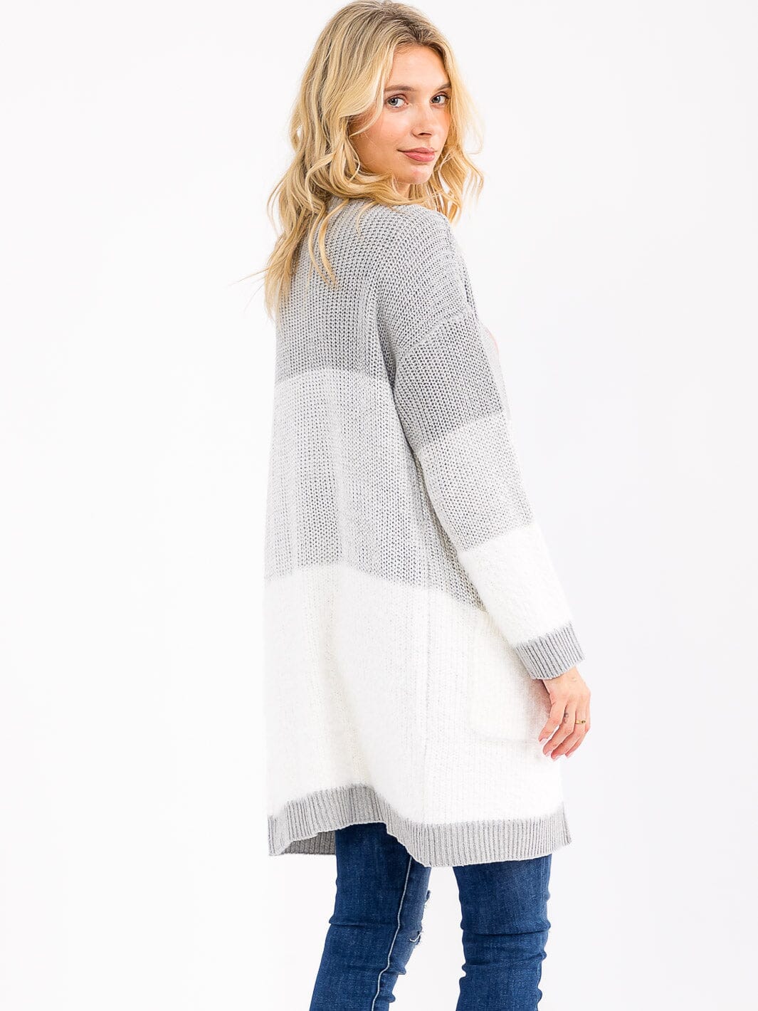 Colorblock Open Front Cardigan - Gray