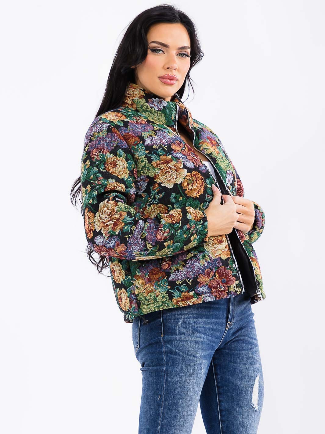Floral Puffer Zip Jacket