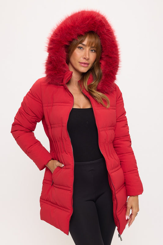 Fitted Puffer Coat - Red