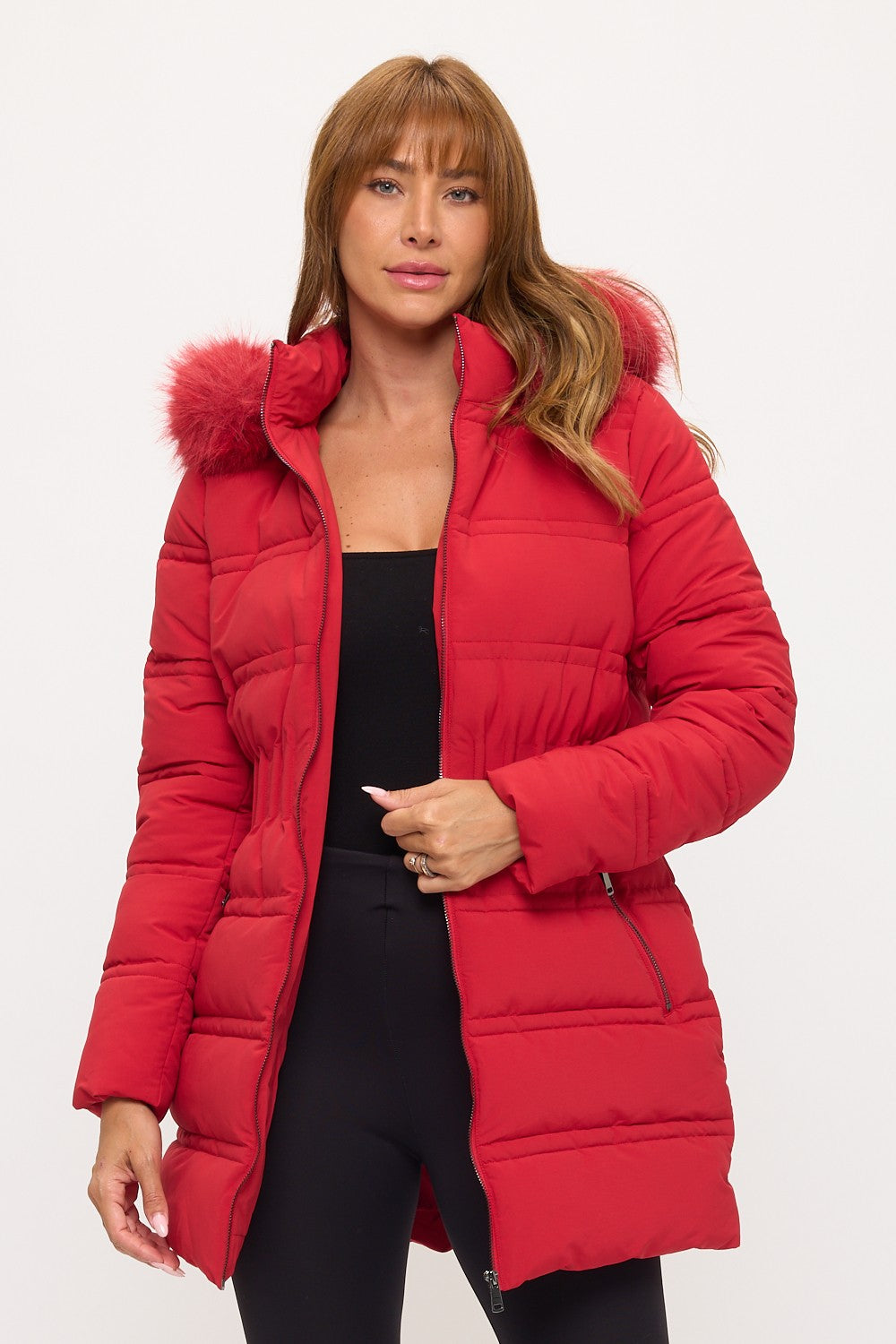 Fitted Puffer Coat - Red