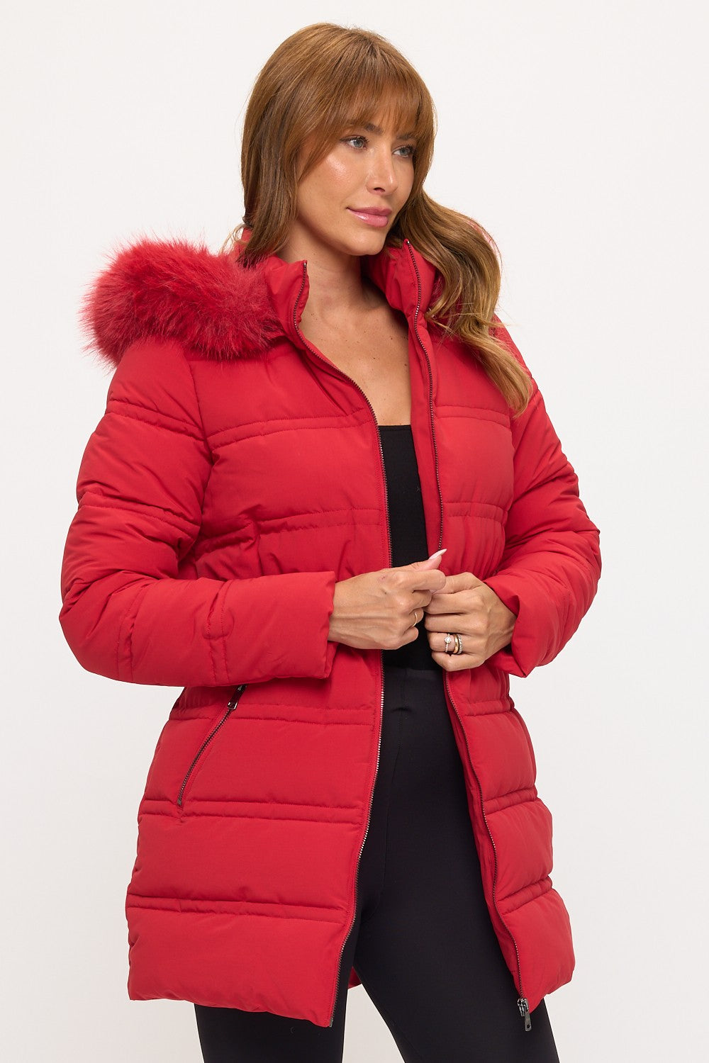 Fitted Puffer Coat - Red