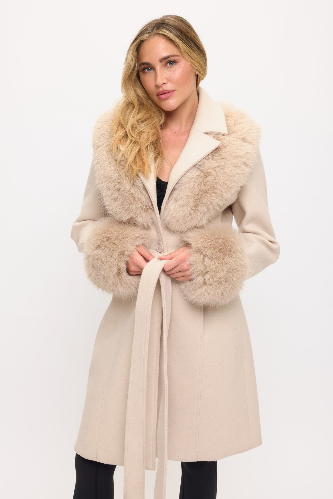 Belted Faux Fur Trim Coat