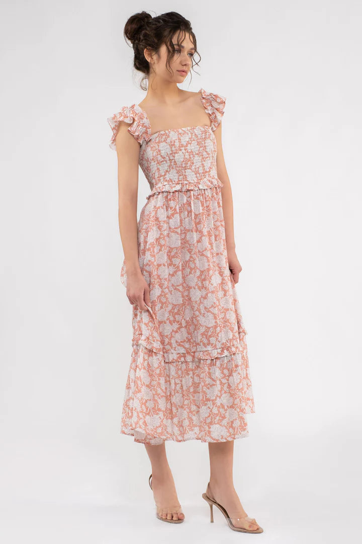 Smocked Square Neckline Midi Dress