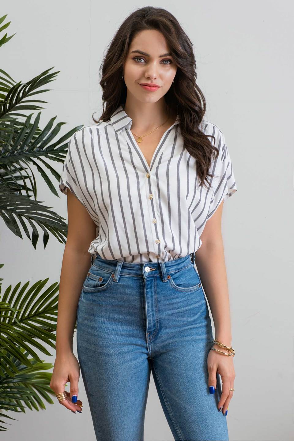 Collared Dolman Sleeve Striped Top