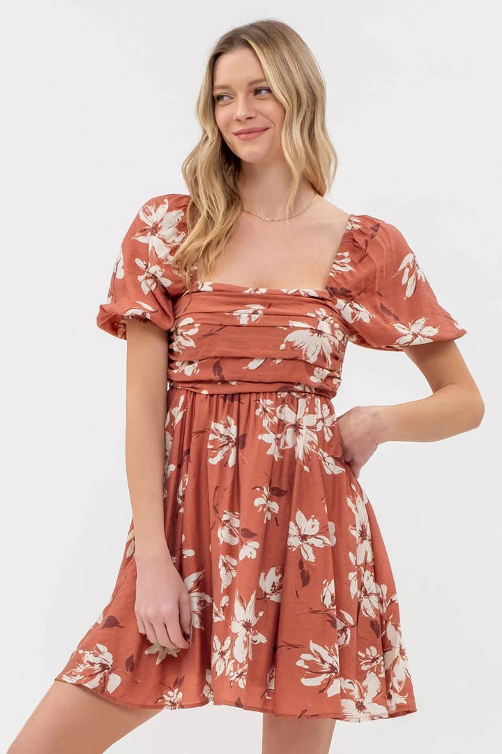 Pleated Puff Sleeve Dress