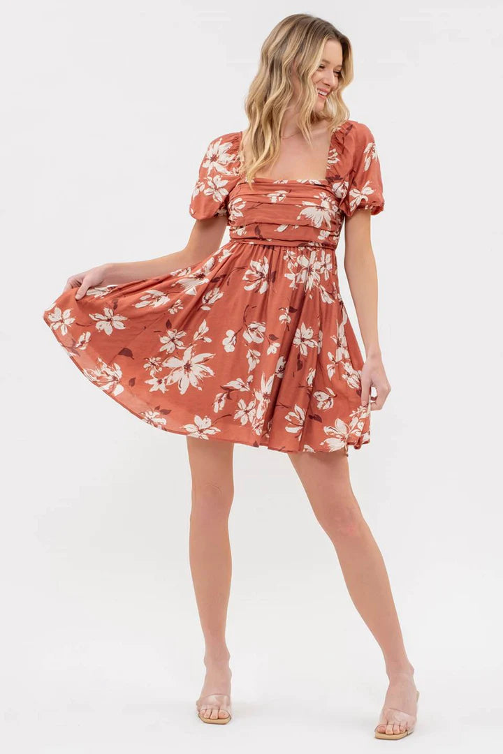 Pleated Puff Sleeve Dress