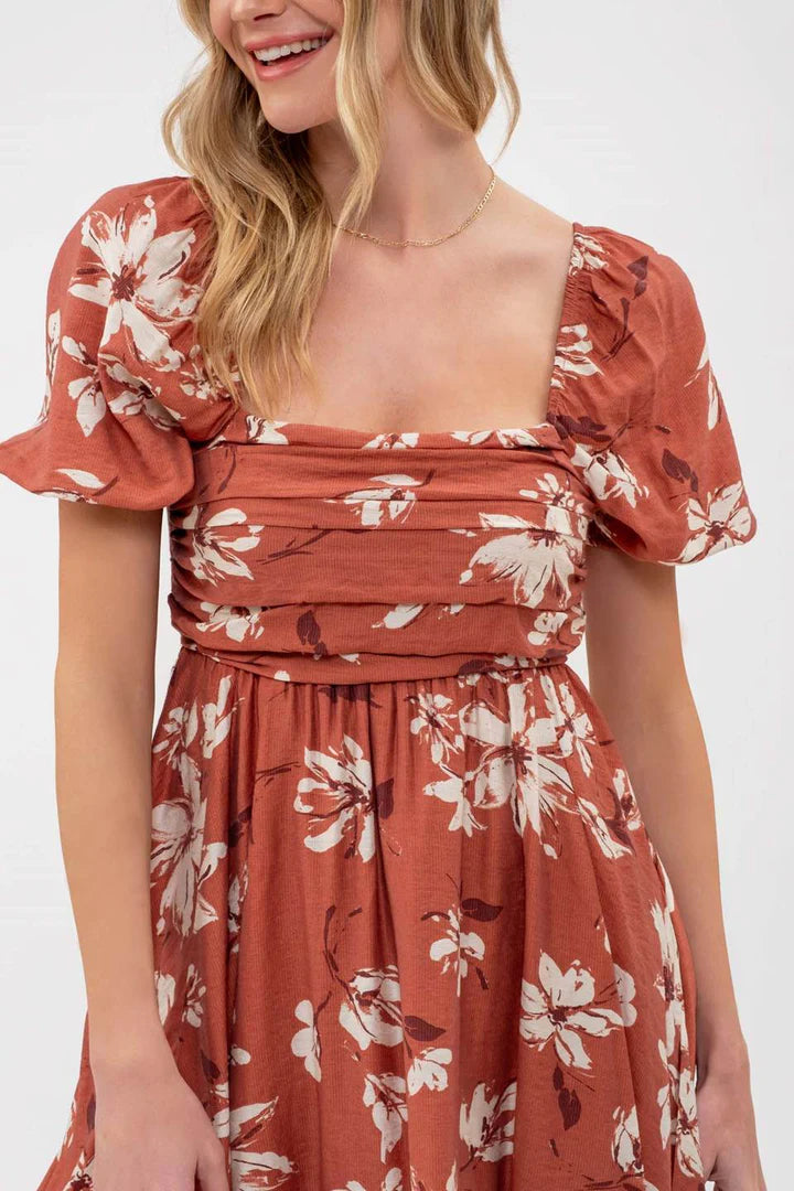 Pleated Puff Sleeve Dress